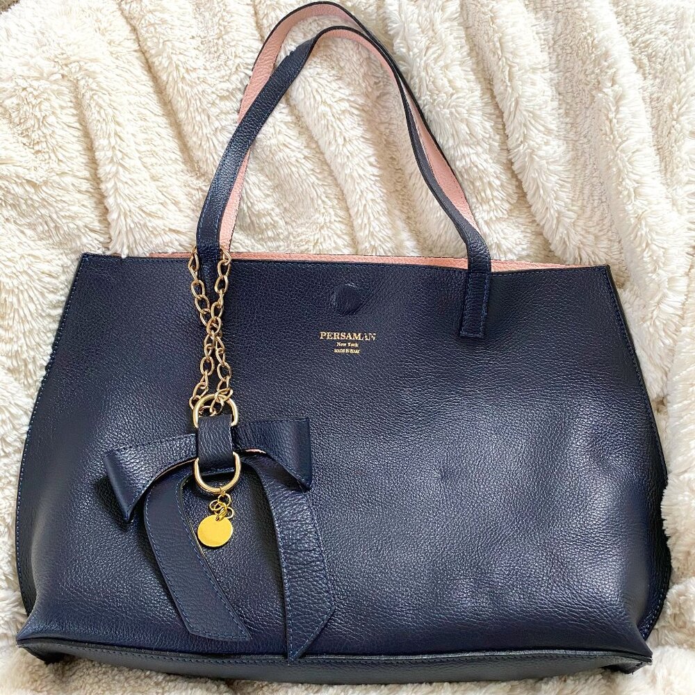 Persaman New York Two-Tone Pebbled Leather Tote Bag – Navy Blue with Pink Interi